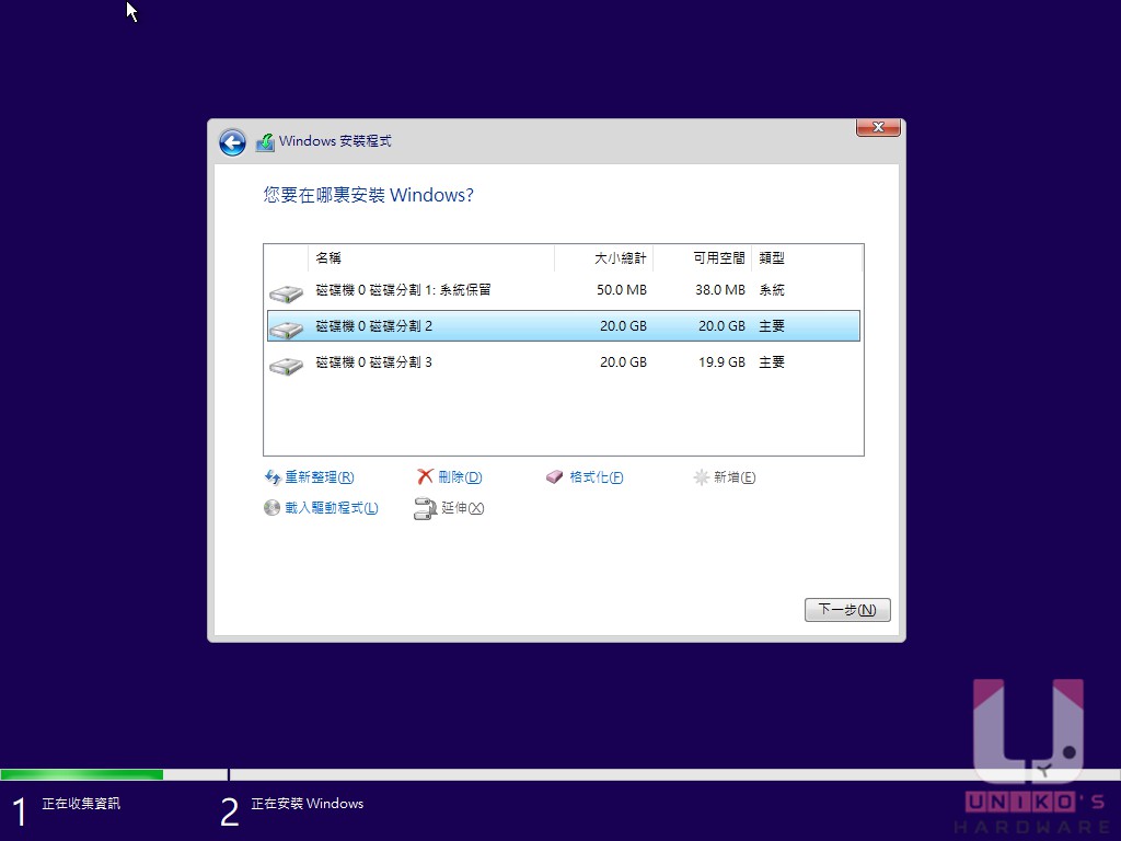 因為筆者使用 Lagacy Mode 進行安裝(傳統 BIOS),所以只會產生保留區與主要分割區,UEFI 模式會產生 ESP、MSR 跟主要分割區。
