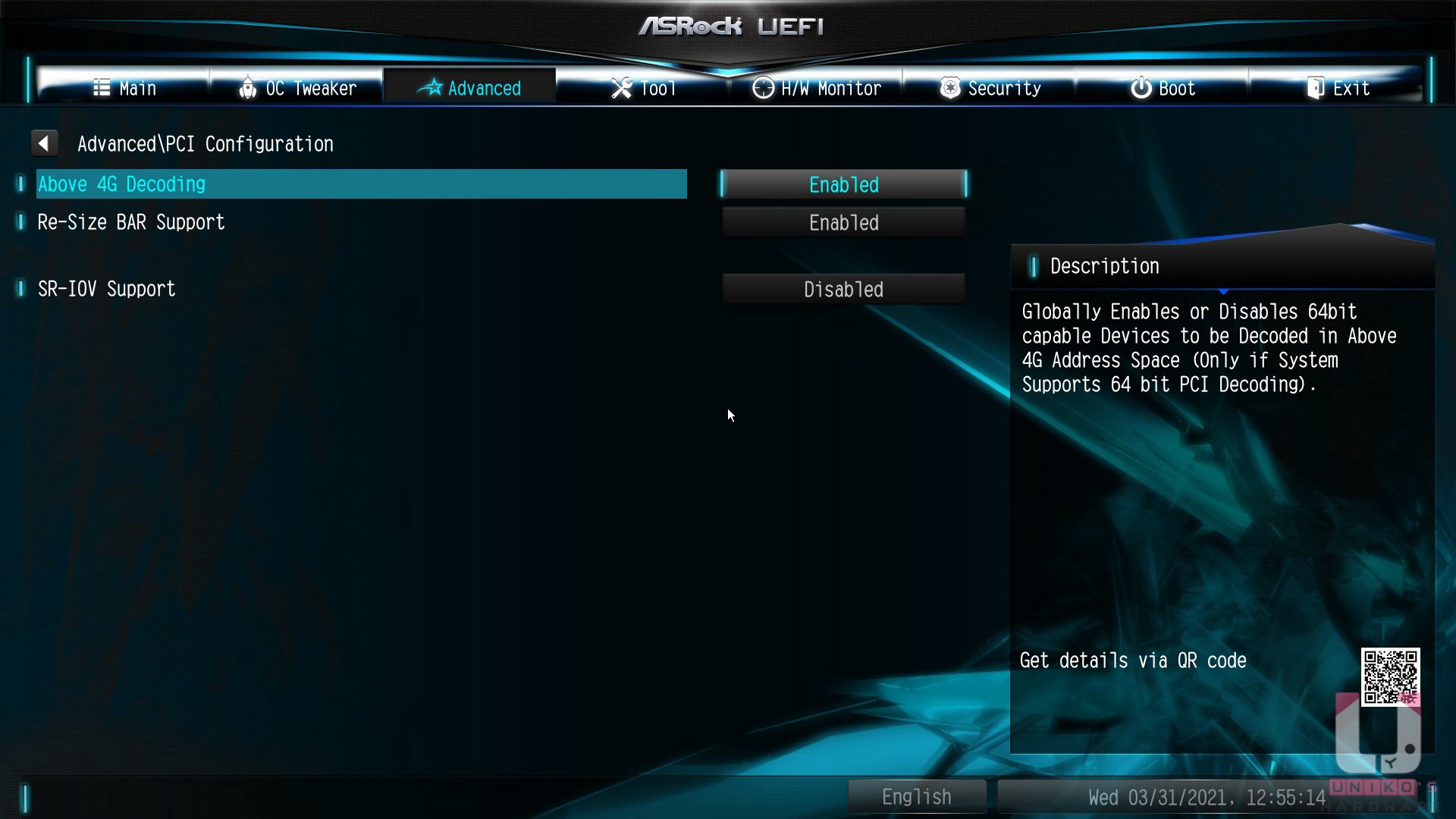 Above 4G Decoding 設為 Enabled,Re-Size BAR Support 設成 Enabled。