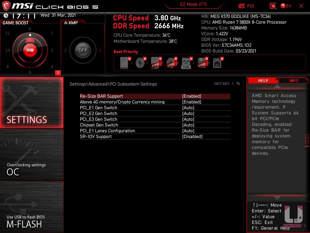 Re-Size BAR Support 設成 Enabled,Above 4G Memory 設為 Enabled。