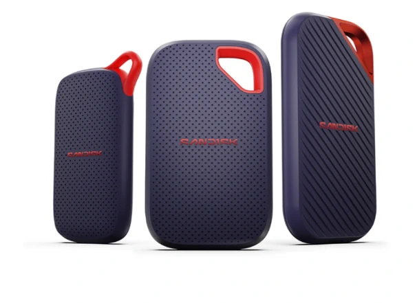 由左至右為 SANDISK 行動固態硬碟、SANDISK Extreme 行動固態硬碟與 SANDISK Extreme PRO 行動固態硬碟。
